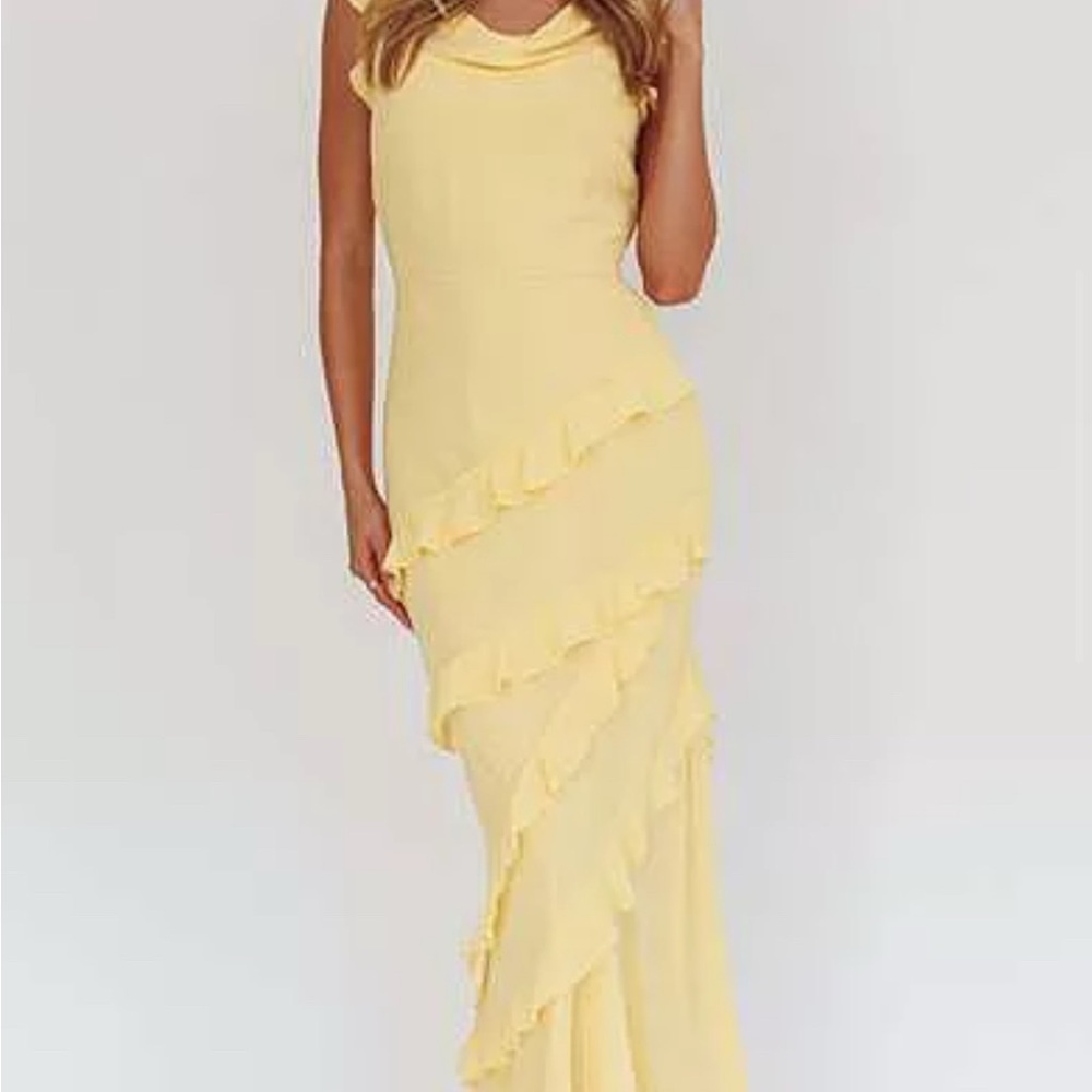 Selfie Leslie Sangria Cowl Neck Frill Maxi Dress Lemon